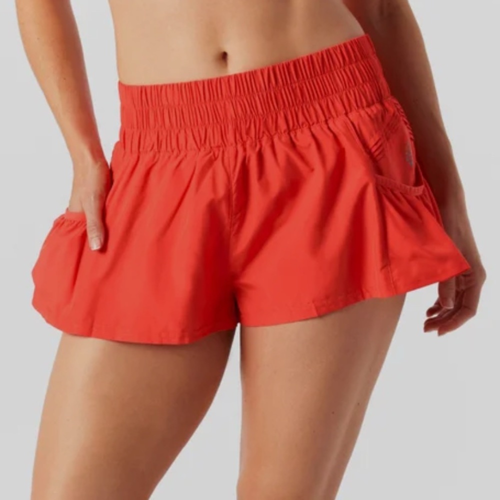 Free People Coral-Red Athletic Smocked Waist Shorts